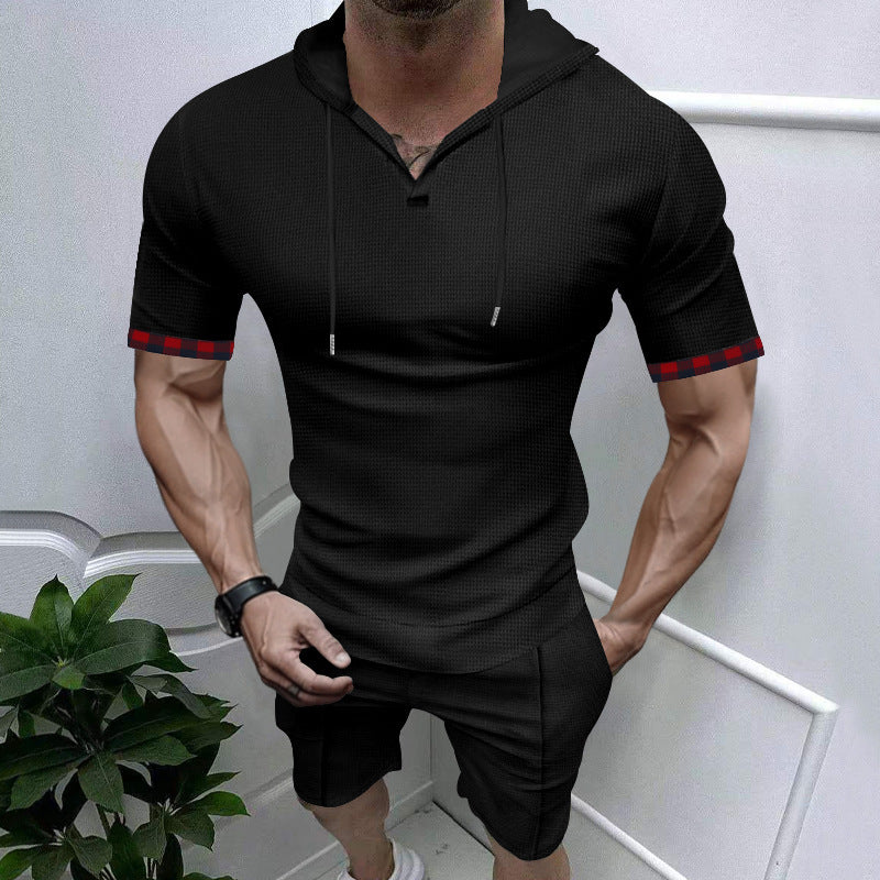 Men's summery hooded lounge set in lightweight waffle texture with short sleeve hoodie Henley opening and comfortable shorts Mune Fashion