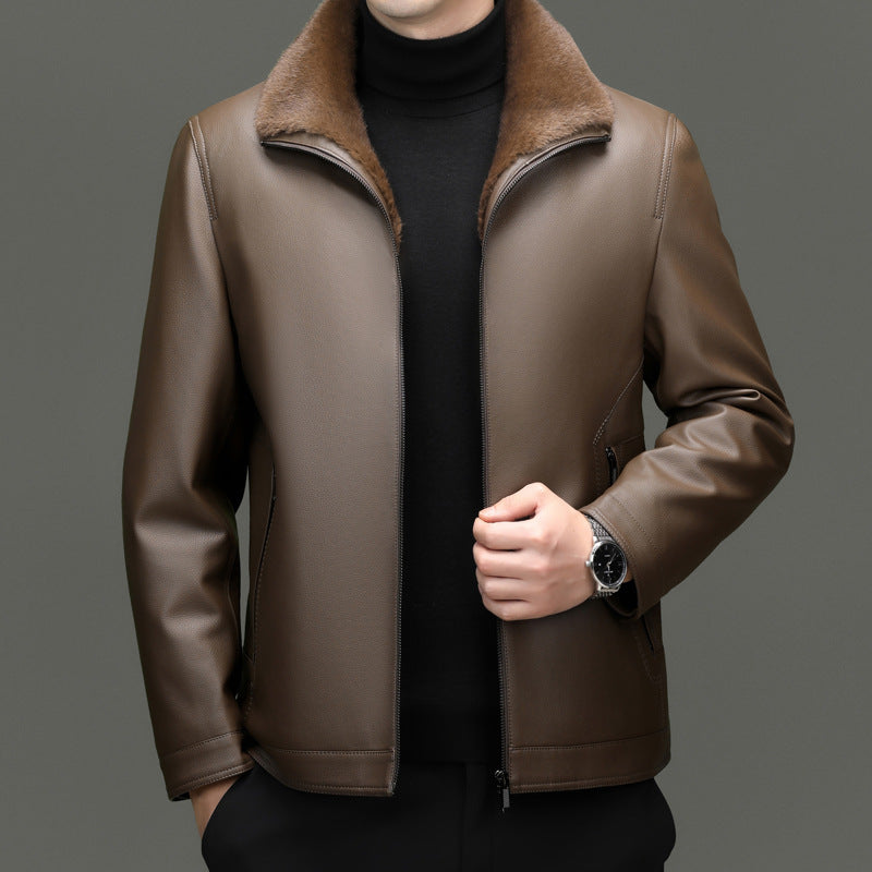 Men's leather jacket with warming lambskin collar and concealed zipper Mune Fashion