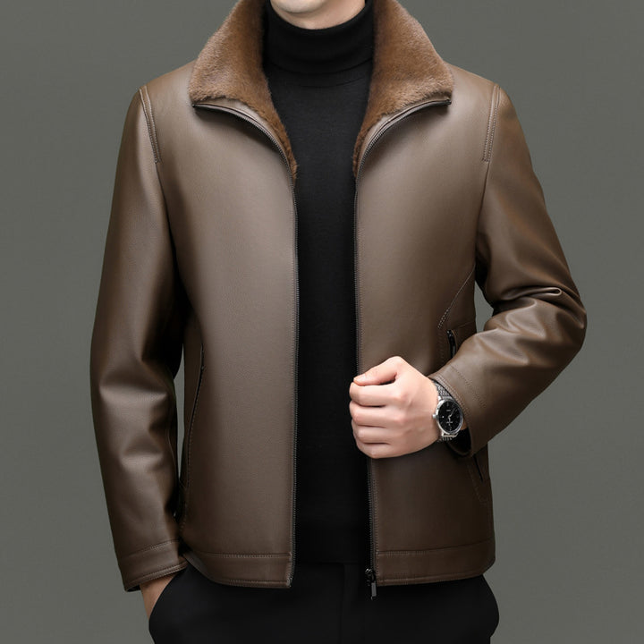Men's leather jacket with warming lambskin collar and concealed zipper Mune Fashion