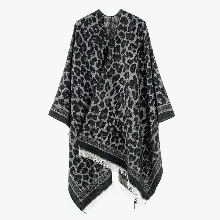 Women Jacquard Cape Poncho with Leo Structure and Fringe Hem Mune Fashion