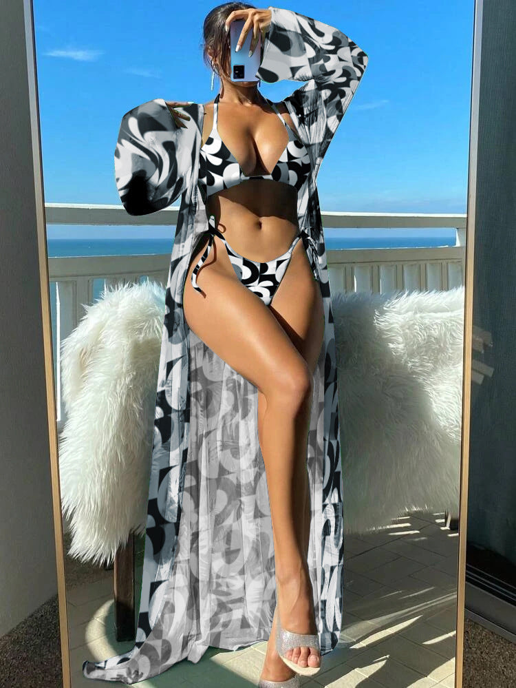 Women's Bikini Set with Transparent Kaftan and Floral Design Mune Fashion