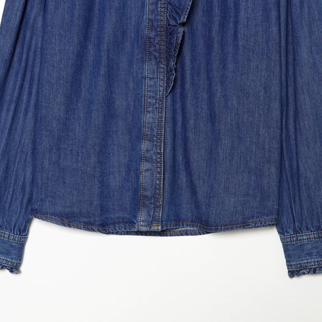 Women's denim blouse with ruffled button placket and stand-up collar Mune Fashion