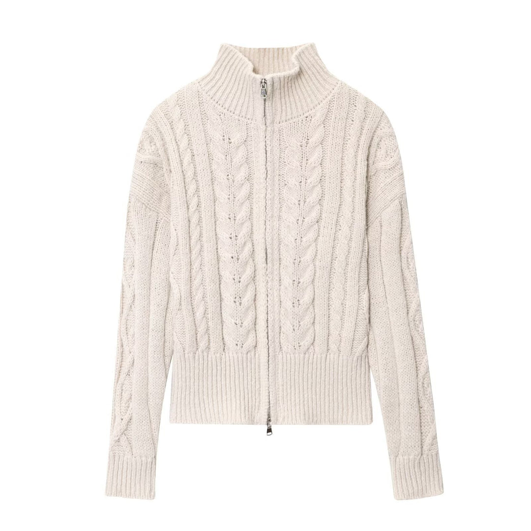 Women's Chunky Knit Cable Knit Cardigan with Stand-Up Collar and Zipper Mune Fashion