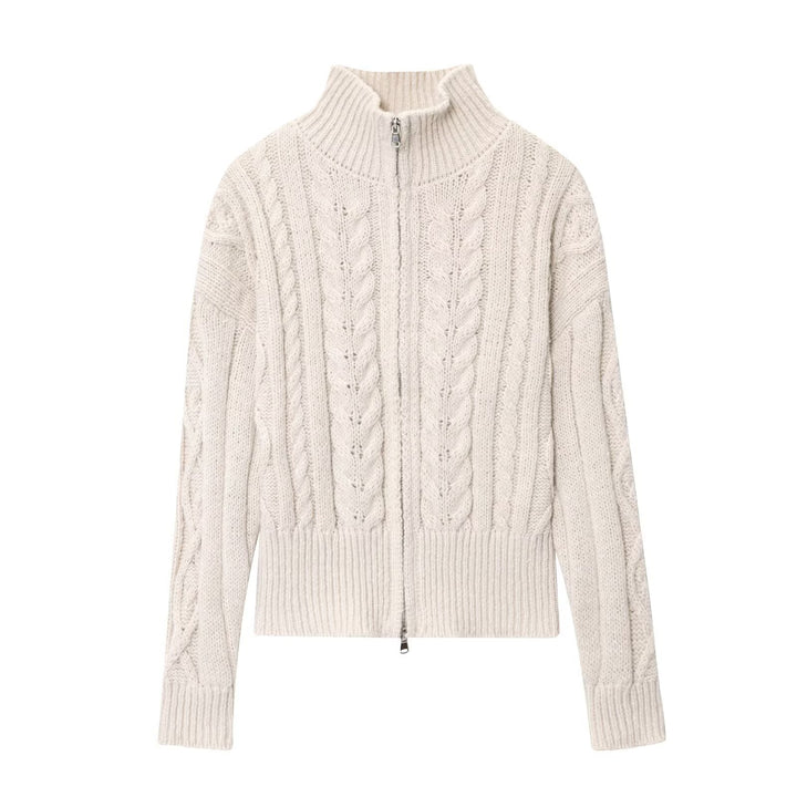 Women's Chunky Knit Cable Knit Cardigan with Stand-Up Collar and Zipper Mune Fashion