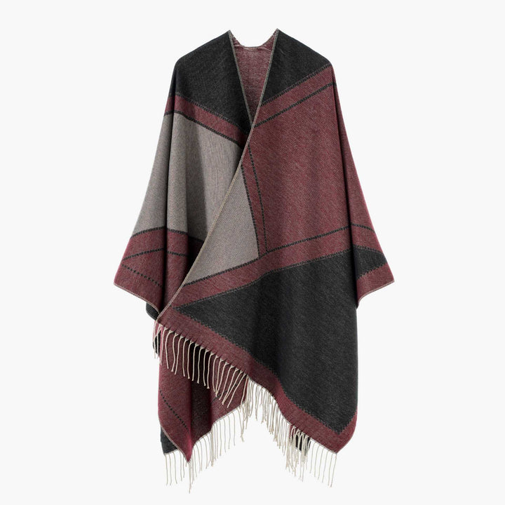 Women Reversible Knitted Cape-Poncho with Fringes and Contrasting Stripes Mune Fashion