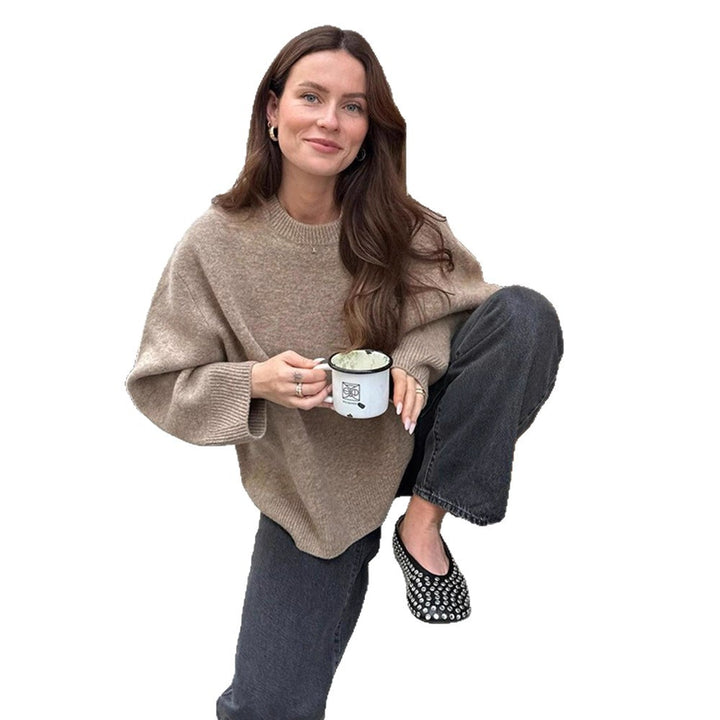 Women Oversized Fine Knit Sweater with Round Neck and Balloon Sleeves Mune Fashion
