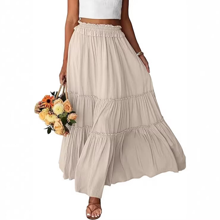 Women's Long Ruffle Tiered Skirt with Elastic Ruffle Waistband Mune Fashion