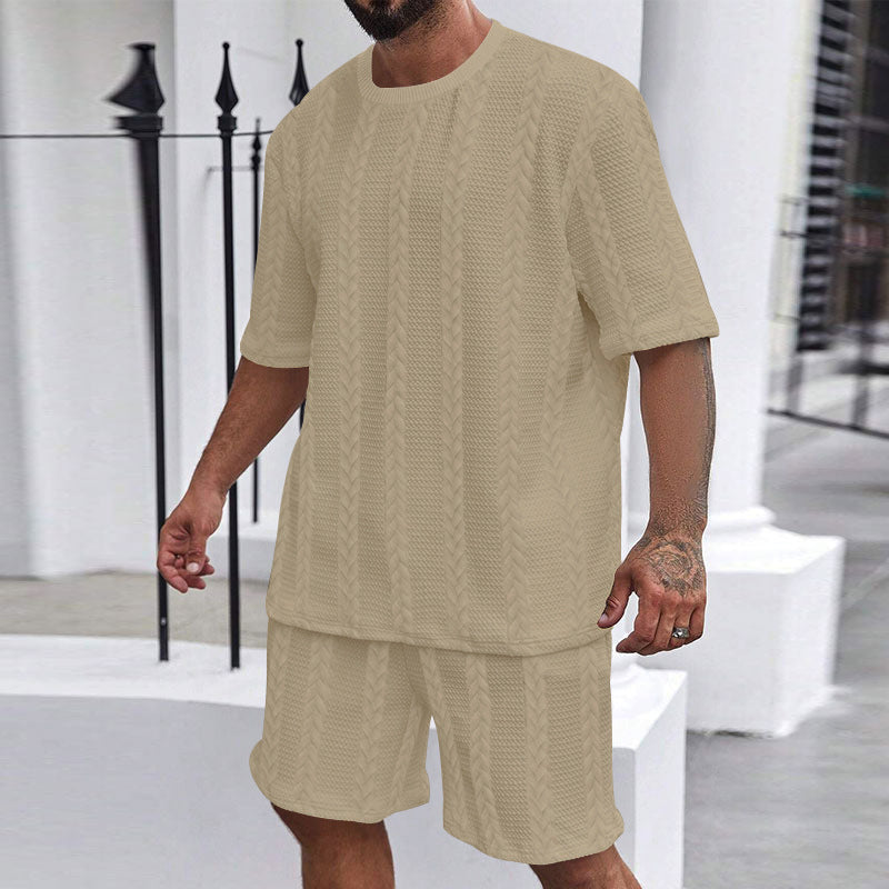 Men's relaxed braid-knit leisure set with wide short-sleeve shirt and elastic Bermuda Mune Fashion