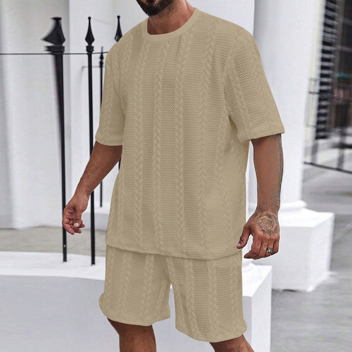 Men's relaxed braid-knit leisure set with wide short-sleeve shirt and elastic Bermuda Mune Fashion
