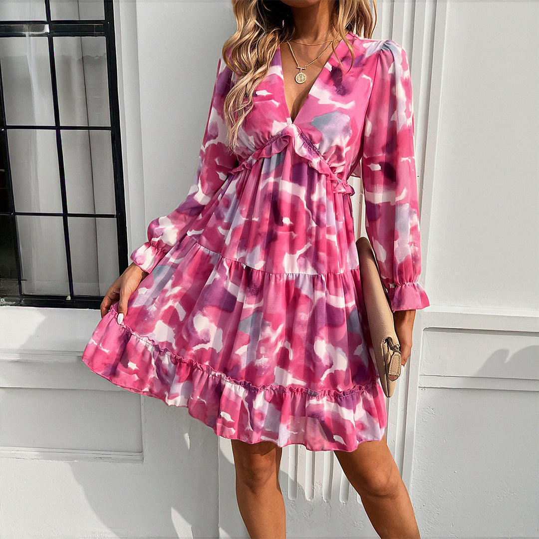 Ladies ruffled tiered mini dress with V-neck, ruffle trim and empire waist Mune Fashion