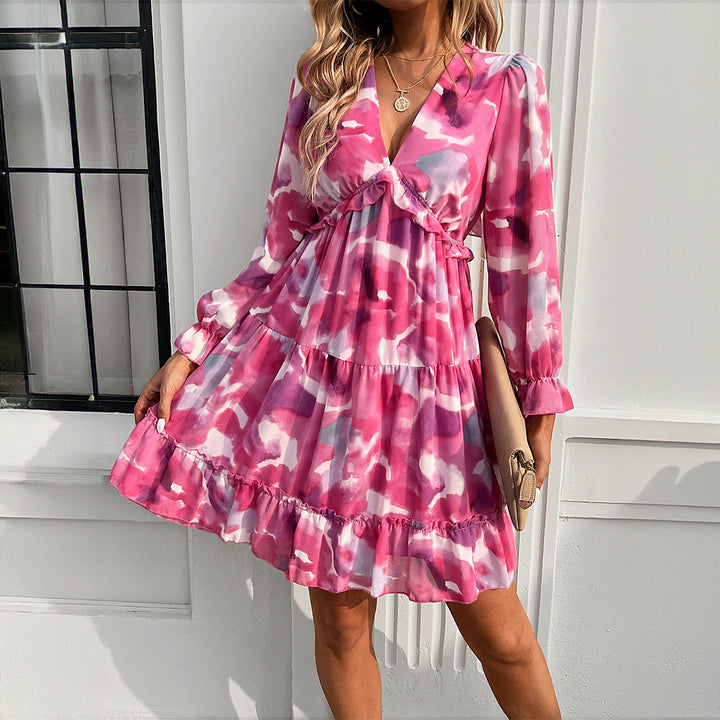 Ladies ruffled tiered mini dress with V-neck, ruffle trim and empire waist Mune Fashion