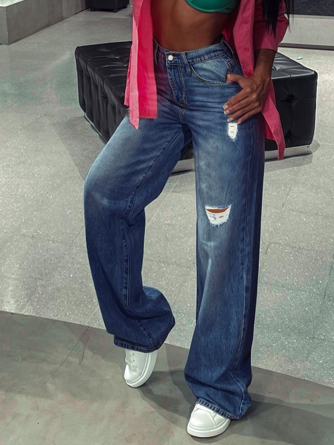 Women Wide High-Waist Denim Jeans in Wide-Leg Look with Targeted Destroyed Details Mune Fashion