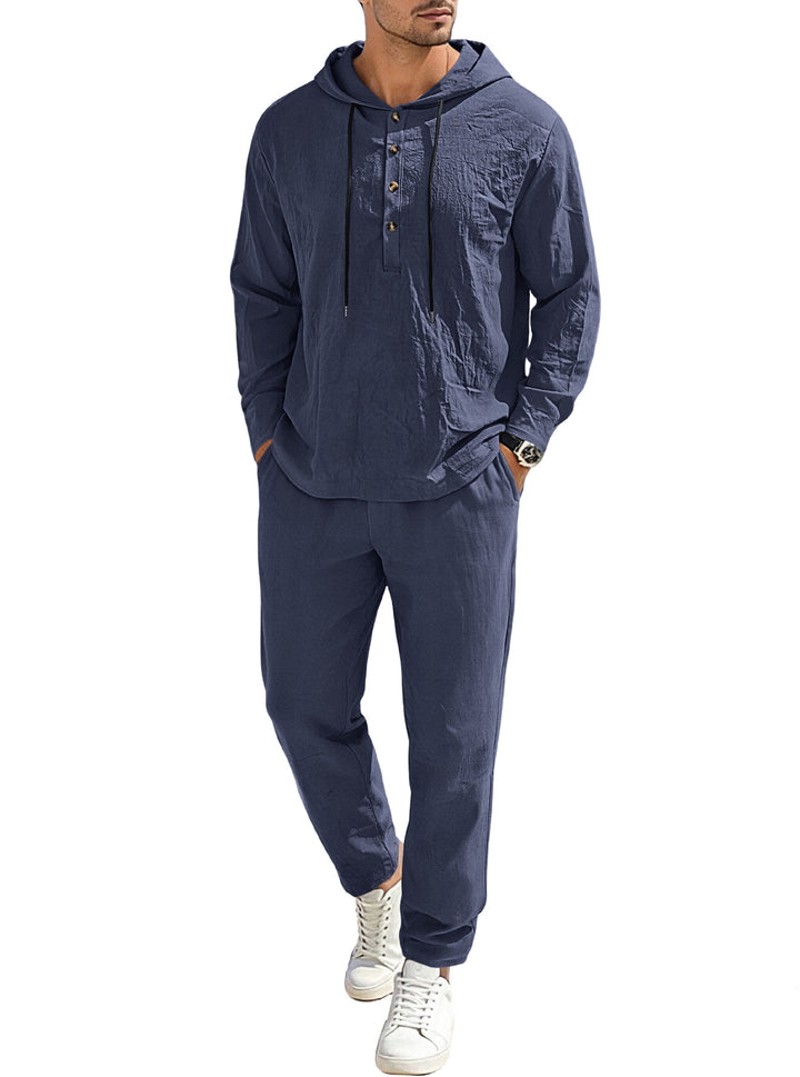Men's relaxed hoodie Henley leisure suit made of lightweight cotton blend with linen look, featuring drawstring and elastic waistband pants Mune Fashion