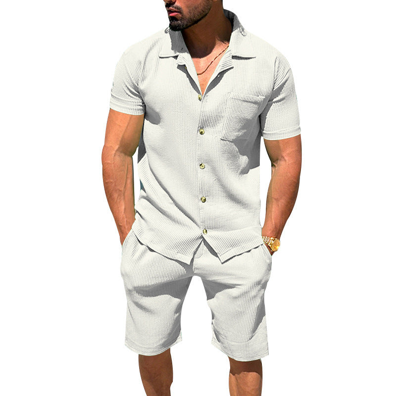 Men's casual two-piece leisure set made of ribbed jersey with shirt collar button placket and shorts Mune Fashion