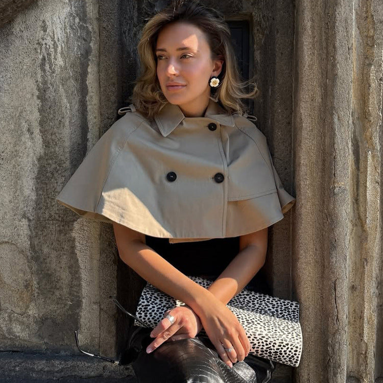Women's Short Cape Trench with Lapel Collar, Double Button Placket and Boxy Cropped Cut Mune Fashion