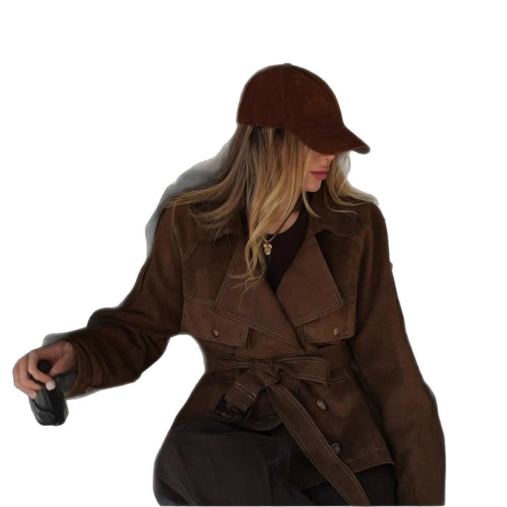 Women's Short Cut Suede Trench Coat with Waist Belt and Adjustable Cuffs Mune Fashion