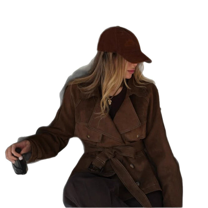 Women's Short Cut Suede Trench Coat with Waist Belt and Adjustable Cuffs Mune Fashion