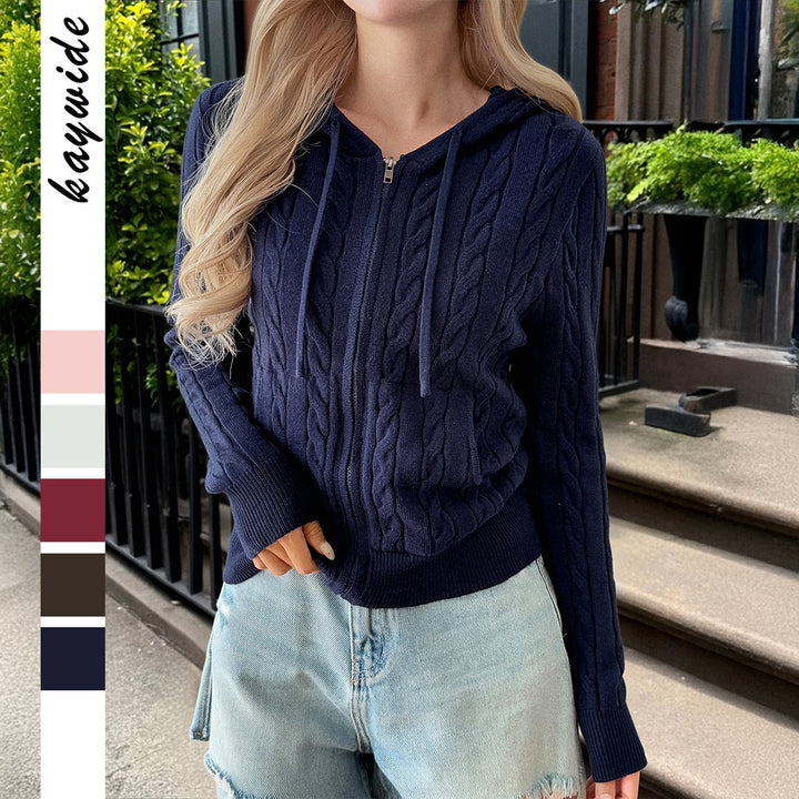 Women's Hooded Cardigan with Zipper, Cable Knit Texture and Kangaroo Pocket Mune Fashion