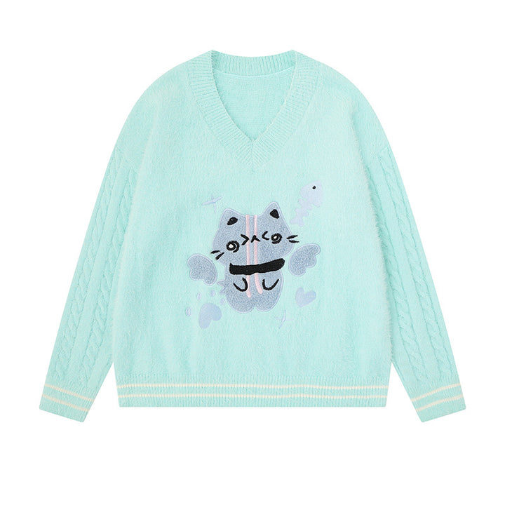 Women's V-neck knitted sweater with cable sleeves and chenille cat motif Mune Fashion