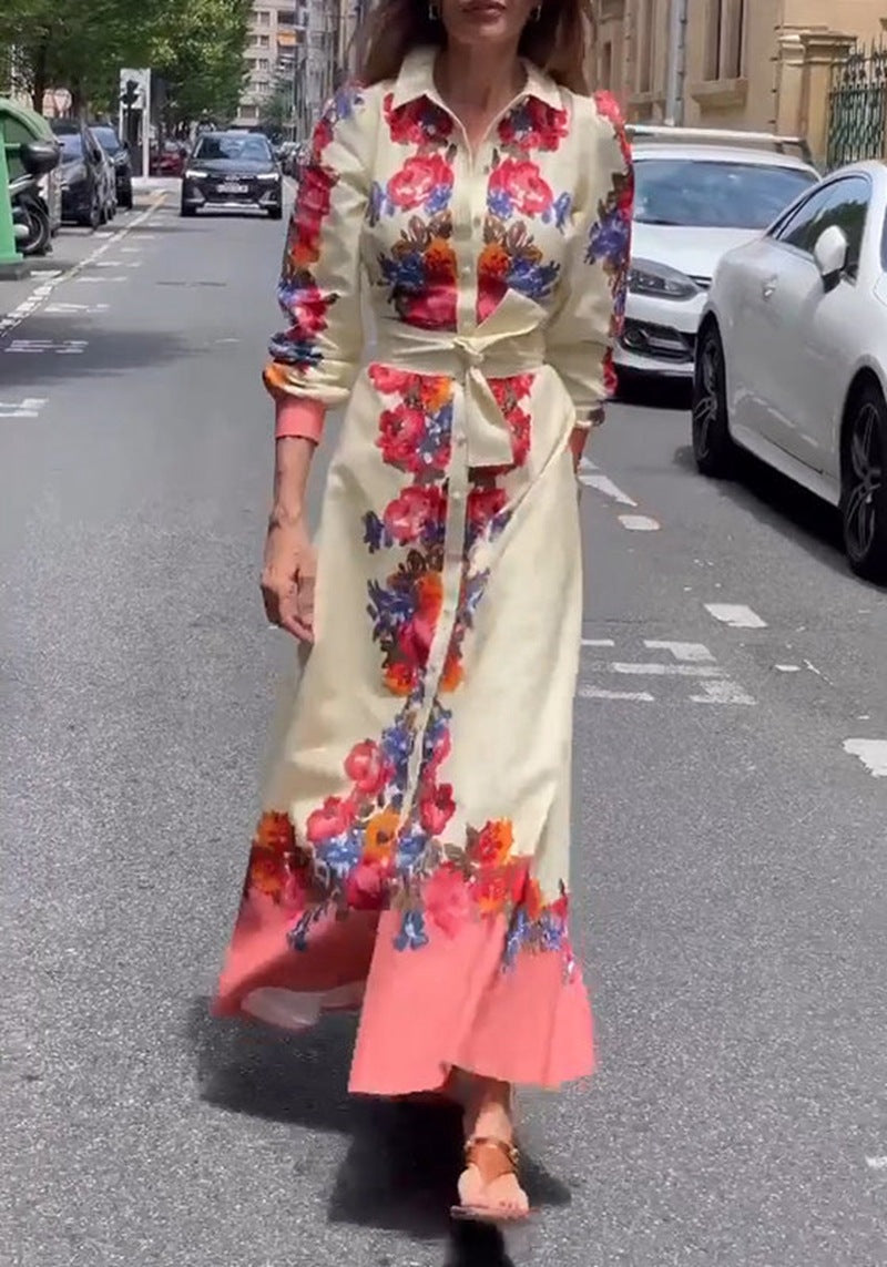 Women's long hem blouse dress with floral print, tie belt, and ruffle trim Mune Fashion
