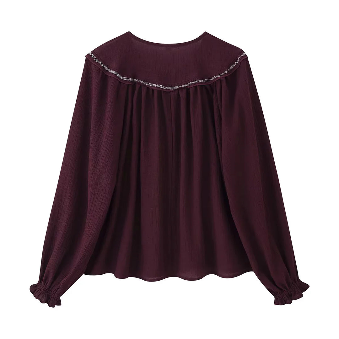Women embroidered blouse with oversized collar, tie bow and buttoned front Mune Fashion