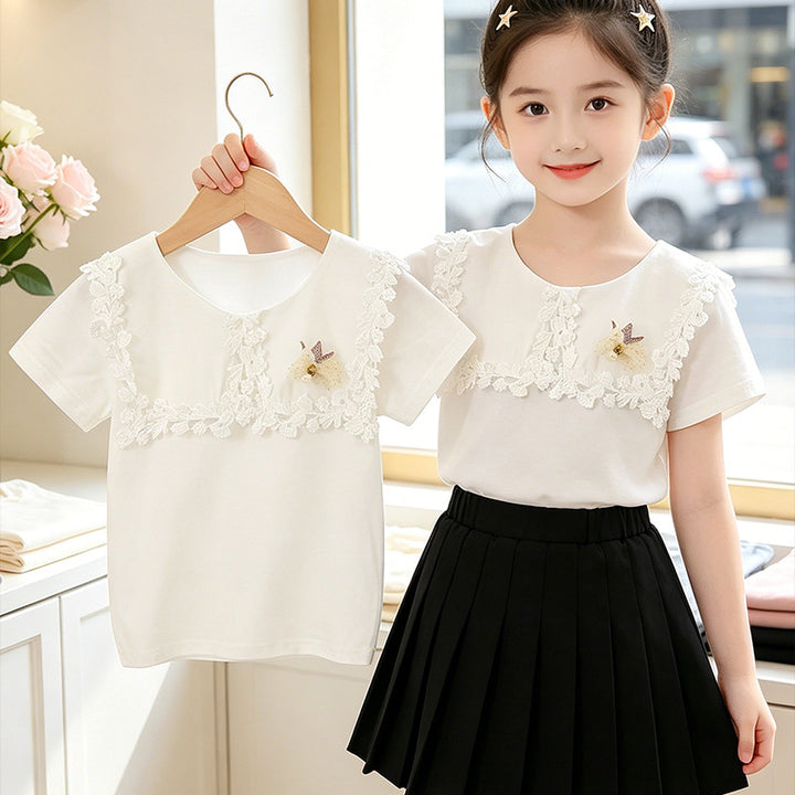 Girls T-Shirt with floral crochet appliqués Mune Fashion