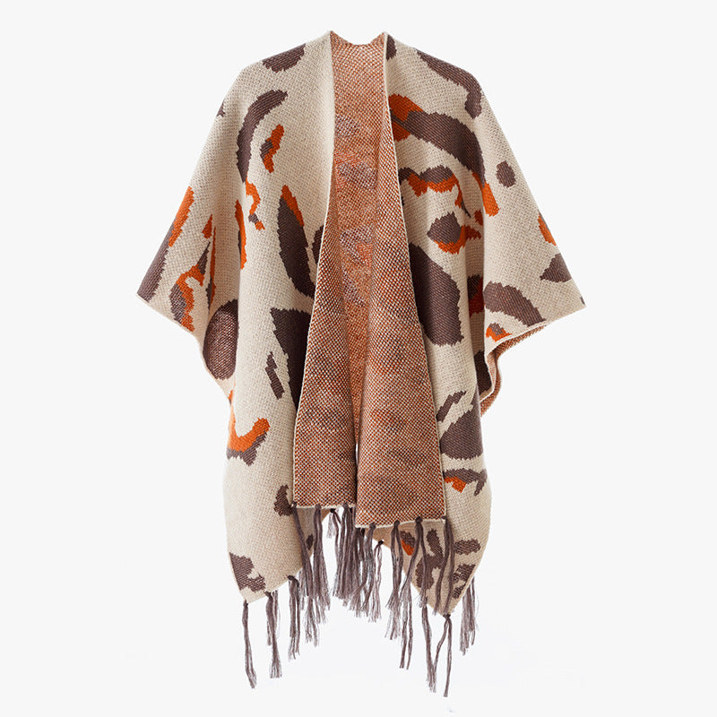 Women's Oversize Knit Poncho with Animal Jacquard and Fringe Hem Mune Fashion