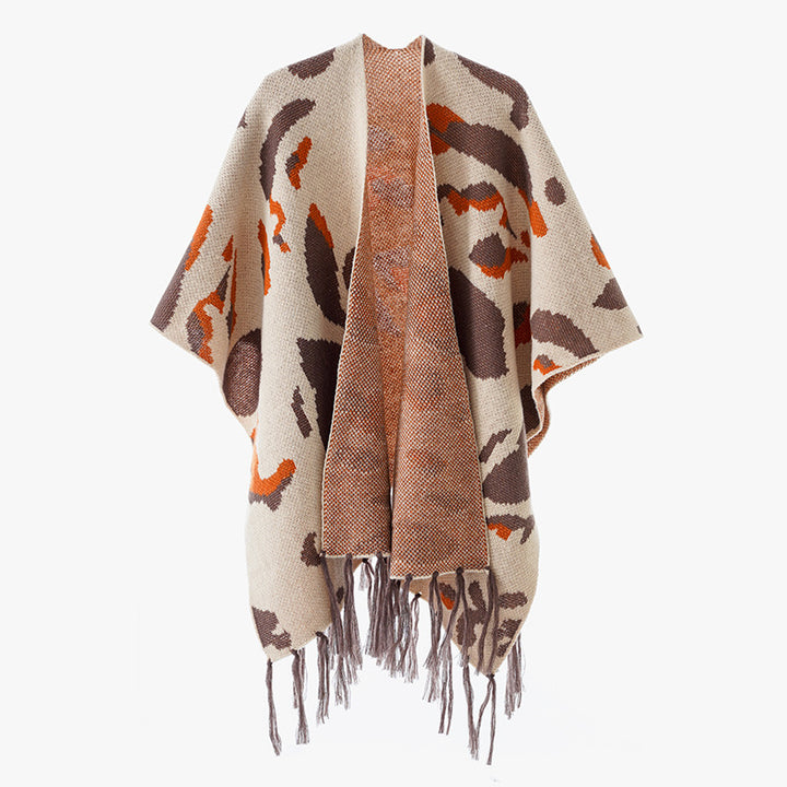 Women's Oversize Knit Poncho with Animal Jacquard and Fringe Hem Mune Fashion