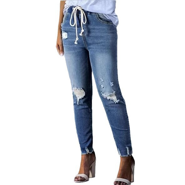 Women Cropped Denim Jeans with Drawstring Waistband, Destroyed Knee Areas and Raw Hem Mune Fashion