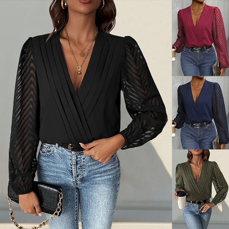 Women's Elegant Wrap Blouse with Pleated V-Neck and Transparent Chevron Sleeves Mune Fashion