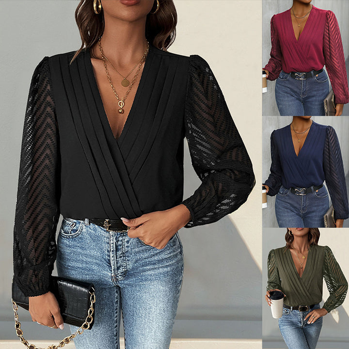 Women's Elegant Wrap Blouse with Pleated V-Neck and Transparent Chevron Sleeves Mune Fashion