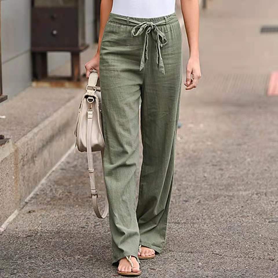 Women's wide linen trousers with drawstring waistband and casual comfort fit Mune Fashion