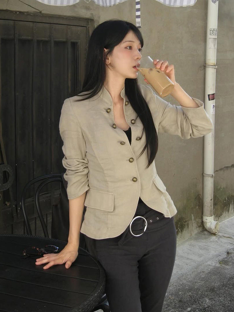 Women Tailored Linen Blazer with Stand-up Collar and Decorative Button Placket Mune Fashion