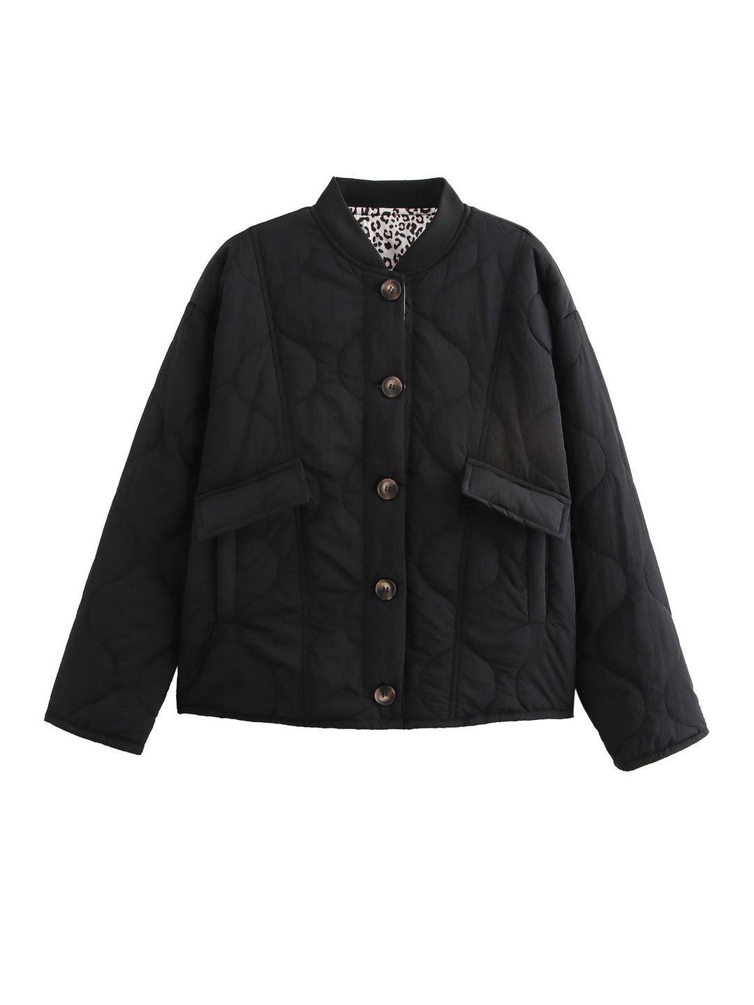 Women Padded Quilted Jacket in Boxy Cut with Round Neckline and Applied Pockets Mune Fashion