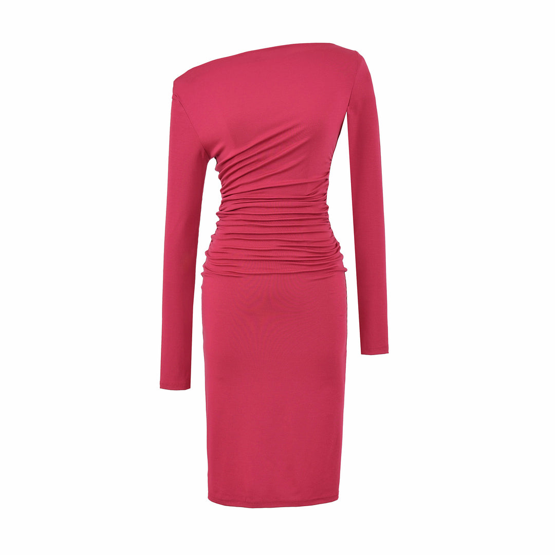 Women's Asymmetric One-Shoulder Midi Dress with Gathering and Long Sleeve Mune Fashion