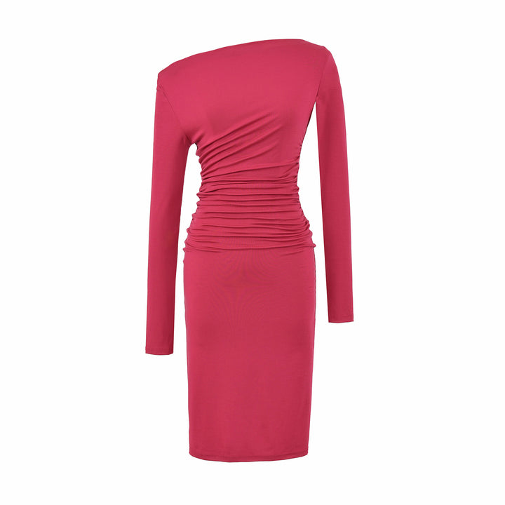 Women's Asymmetric One-Shoulder Midi Dress with Gathering and Long Sleeve Mune Fashion