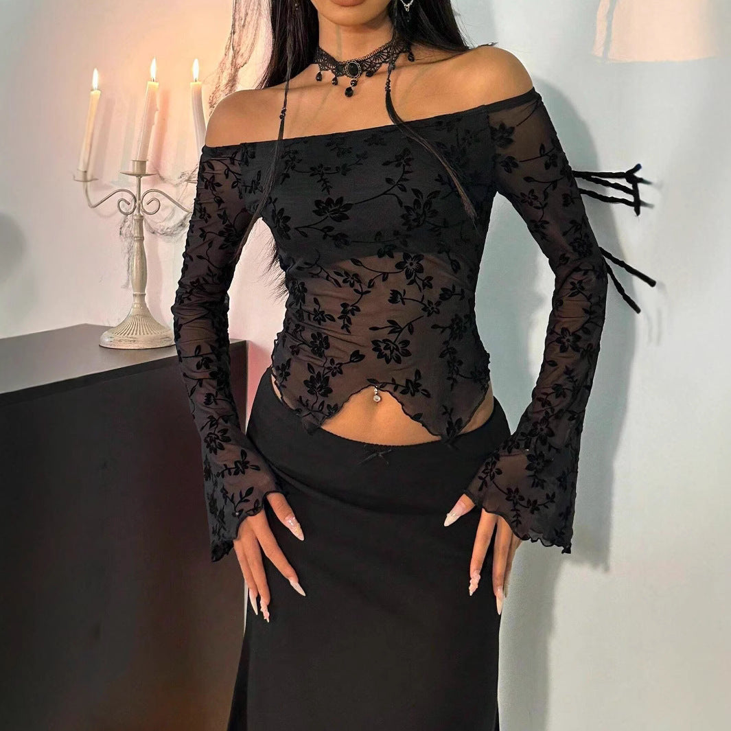 Women non-transparent mesh top with floral velvet flock appliqué, Carmen neckline and short waist hem Mune Fashion
