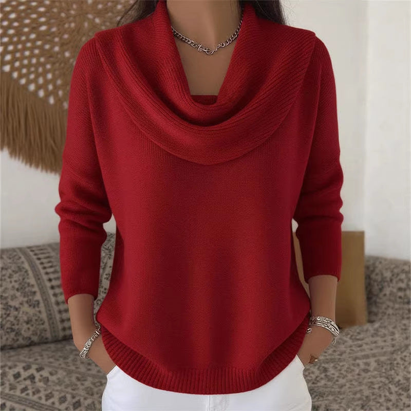 Women's fine knitted pullover with waterfall collar and ribbed hem Mune Fashion