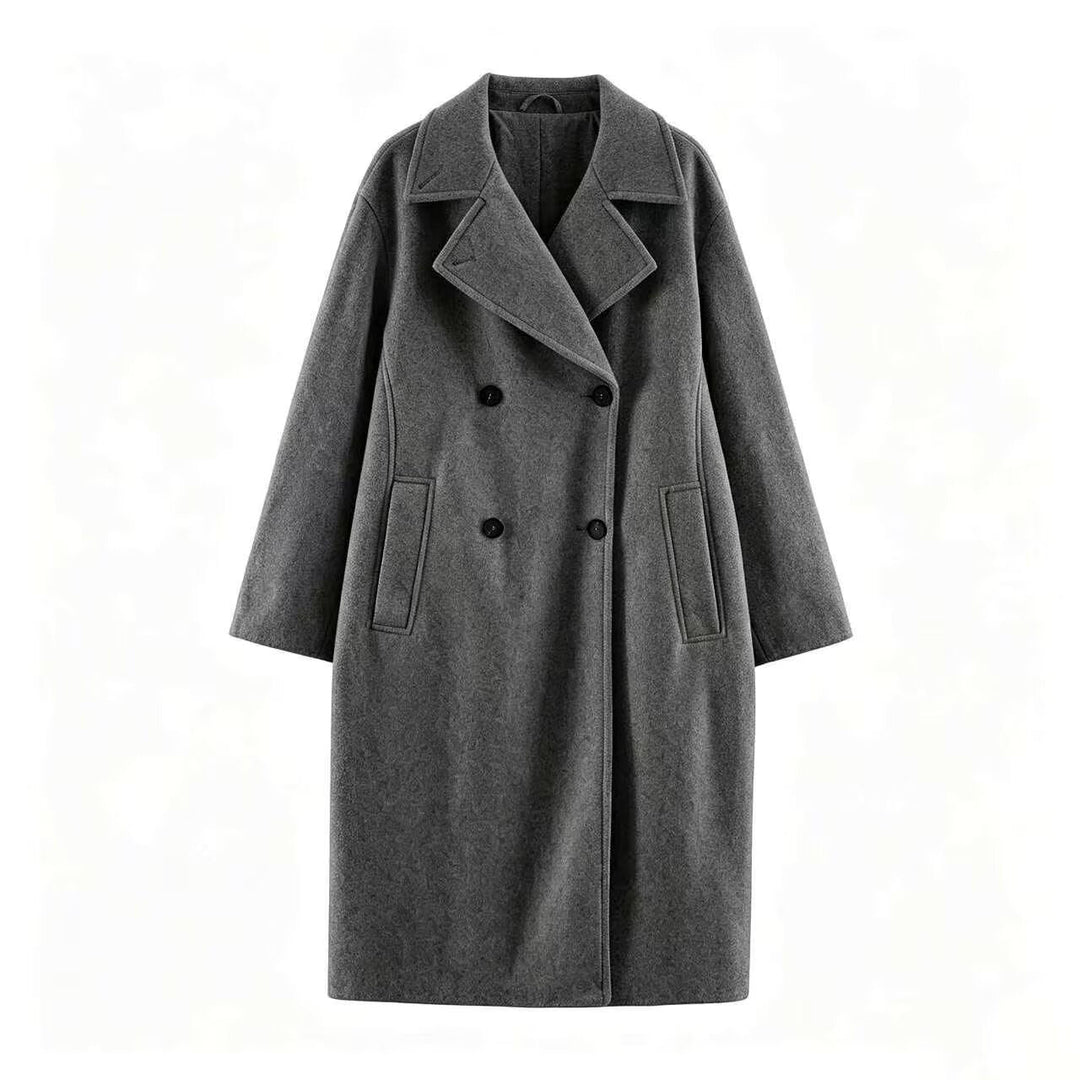 Women Mid-Length Wool Blend Double-Breasted Coat with Wide Lapels and Side Pockets Mune Fashion