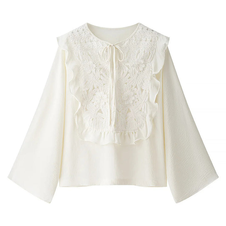 Women's embroidered ruffle blouse with pleated front, ribbon tie, and wide bell sleeves Mune Fashion
