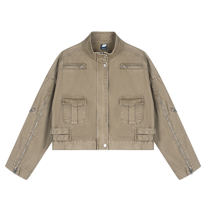 Women's Cropped Utility Jacket with Stand Collar, Multiple Pockets and Zip Sleeves Mune Fashion