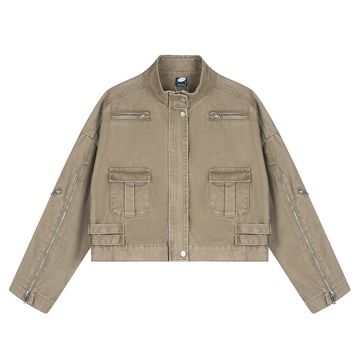 Women's Cropped Utility Jacket with Stand Collar, Multiple Pockets and Zip Sleeves Mune Fashion