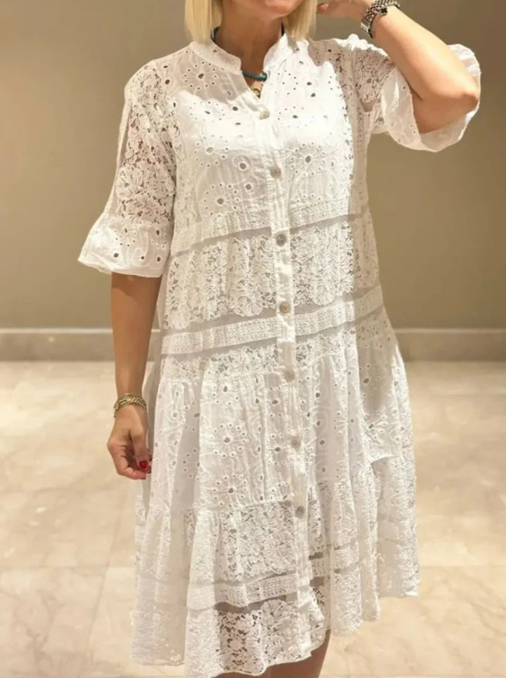 Women's romantic midi dress with broderie anglaise, buttoned top, stand-up collar, half-length flounce sleeves, and tiered hem Mune Fashion