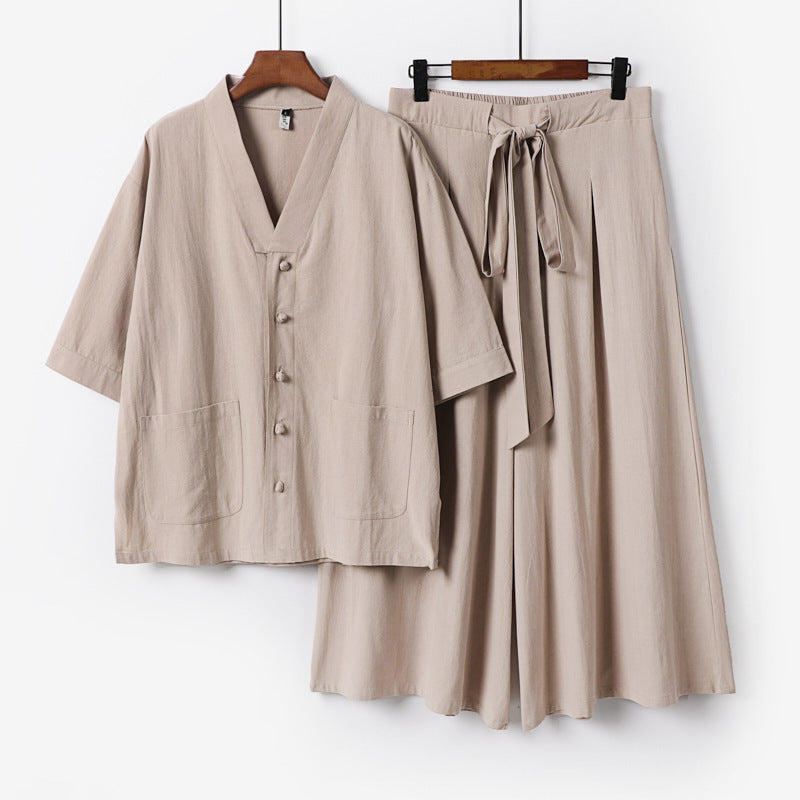 Women Two-Piece Kimono Lounge Set with Short Sleeve Button Jacket, Patch Pockets and Wide Palazzo Pants Mune Fashion