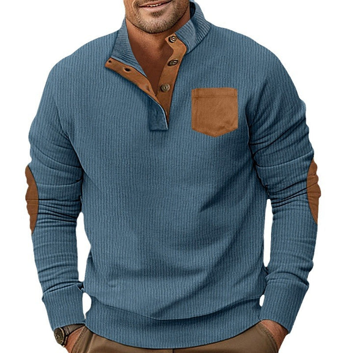 Men's structured half-button Troyer with Kent collar, chest pocket, and leather-look elbow patches Mune Fashion