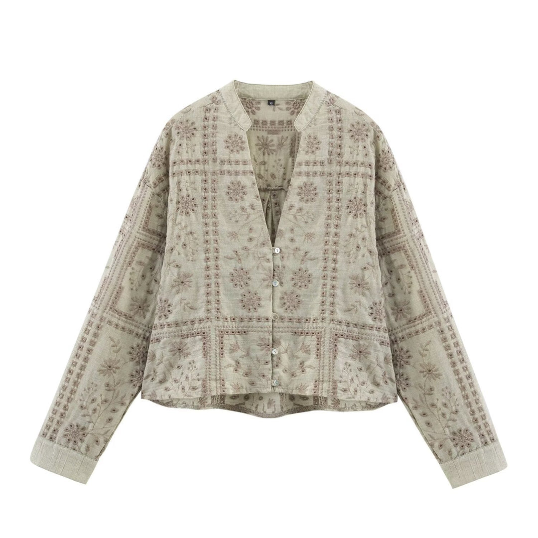 Ladies Embroidered V-Neck Boxy Blouse Jacket with Patchwork Embroidery Mune Fashion