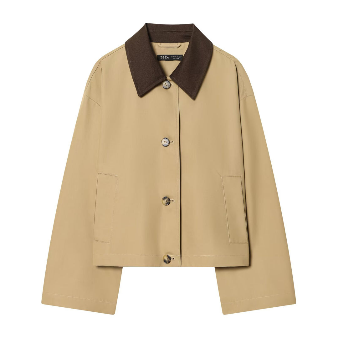 Women's Short Oversized Harrington Jacket with Contrast Collar and Patch Pockets Mune Fashion