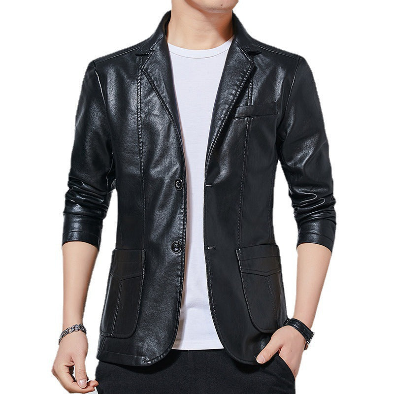Men's Faux Leather Blazer in Slim Fit with Shirt Collar, Flap Pockets, and Elegant Pilot Silhouette Mune Fashion