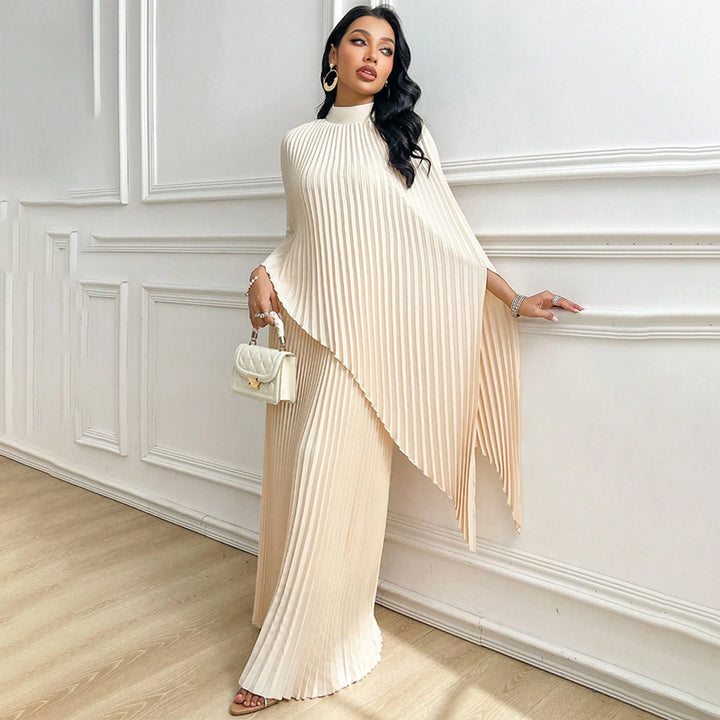 Women Elegant Pleated Cape Blouse Set Mune Fashion