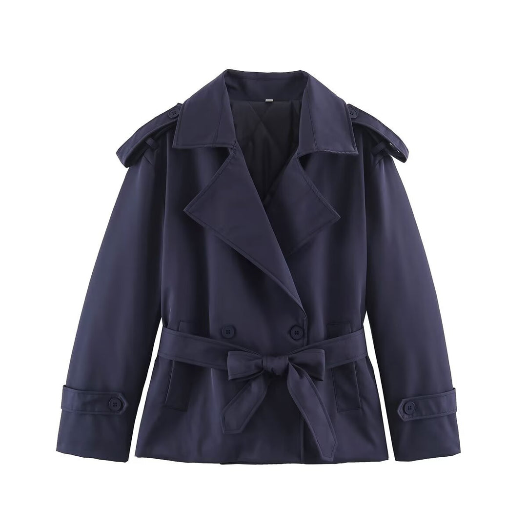 Women's Tailored Short Trench Coat with Tie Belt and Shoulder Patches Mune Fashion